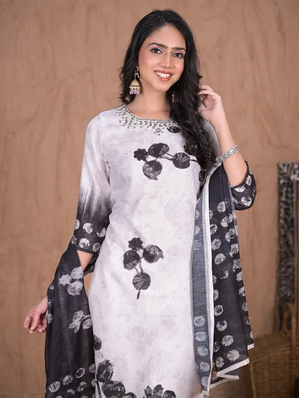 Black printed cotton silk kurti set with dupatta