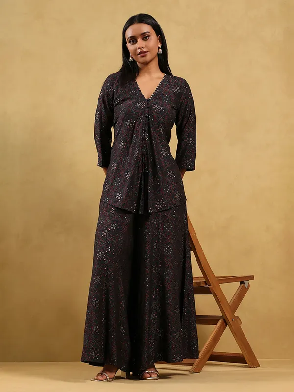Black printed cotton silk kurti set with palazzo