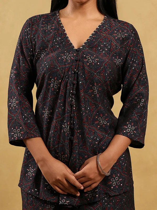 Black printed cotton silk kurti set with palazzo