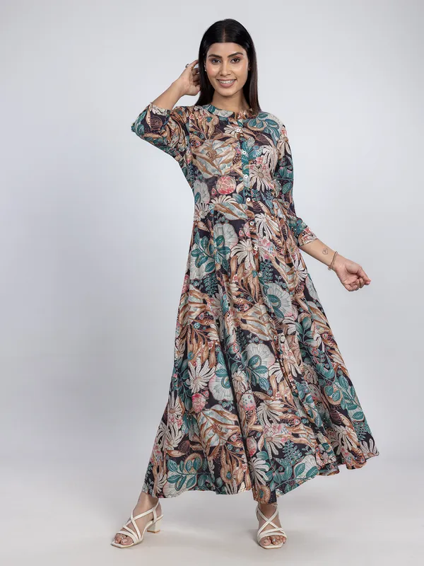 Black printed cotton silk long kurti