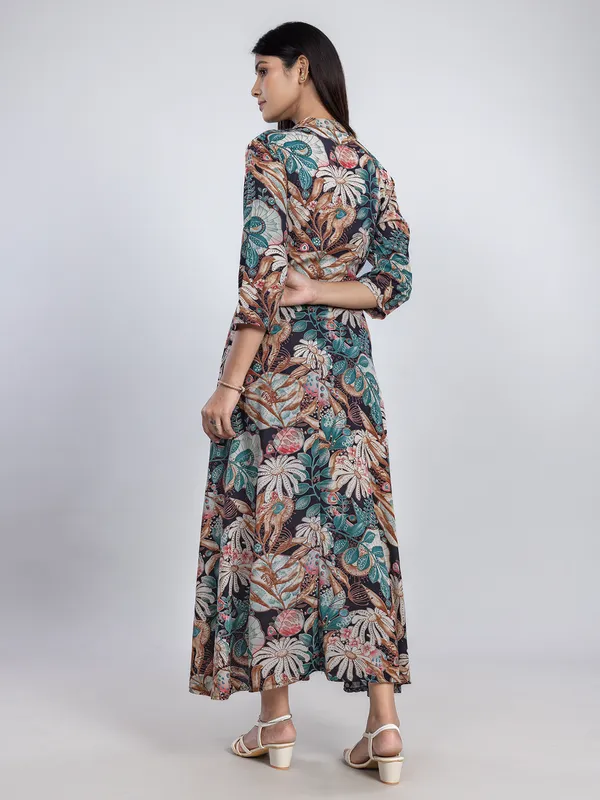 Black printed cotton silk long kurti