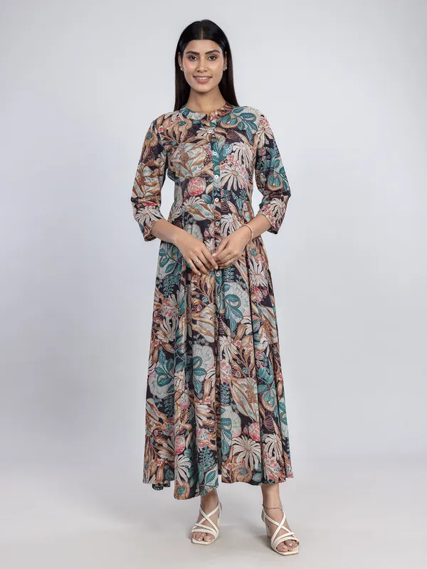 Black printed cotton silk long kurti
