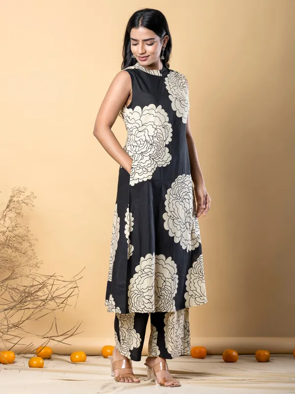 Black printed cotton silk palazzo kurti set