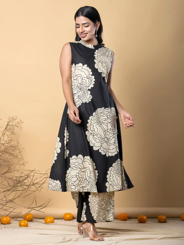 Black printed cotton silk palazzo kurti set