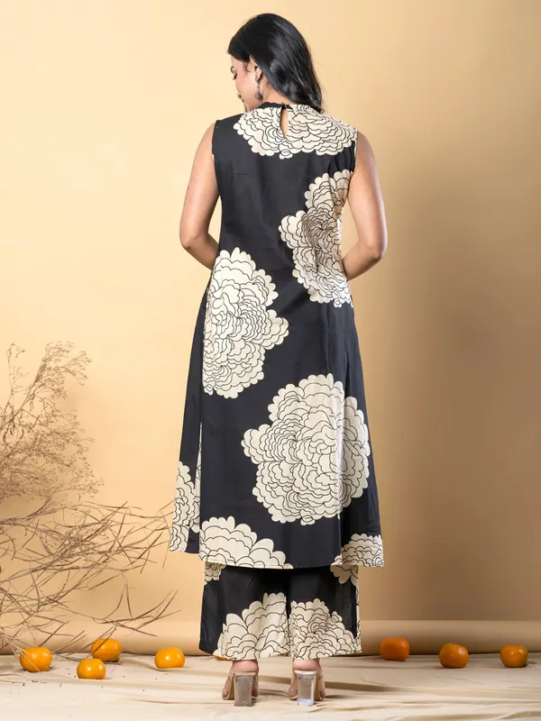 Black printed cotton silk palazzo kurti set