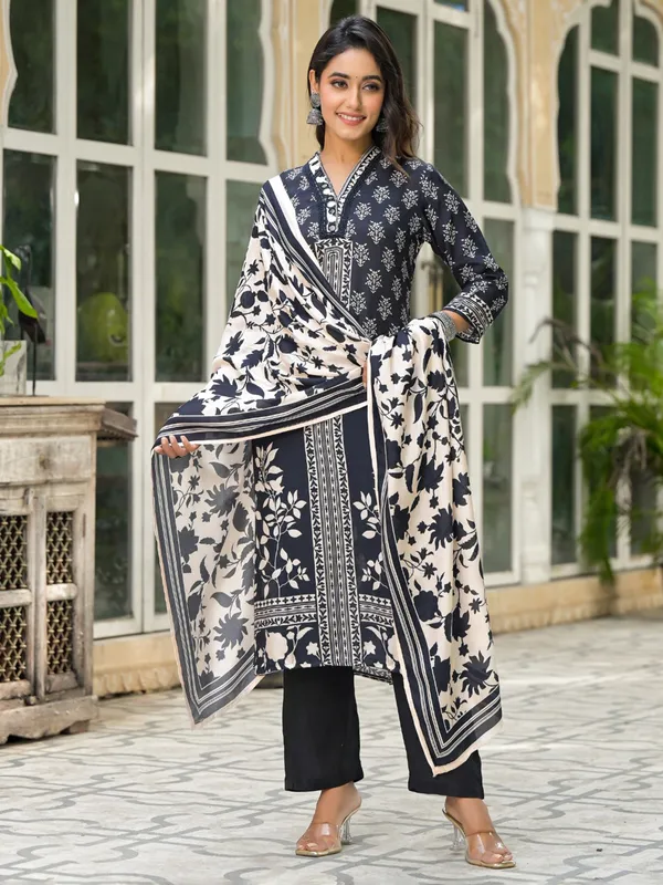 Black printed cotton silk salwar suit