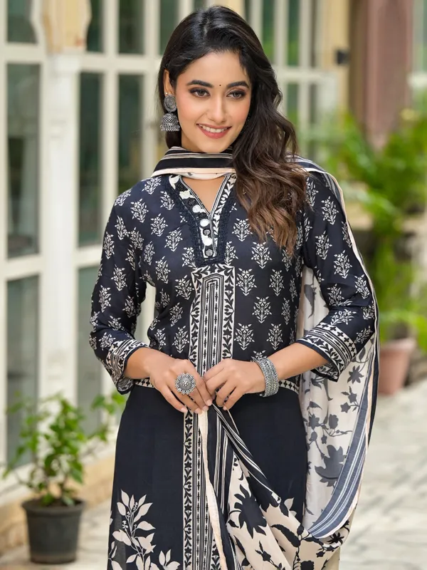 Black printed cotton silk salwar suit