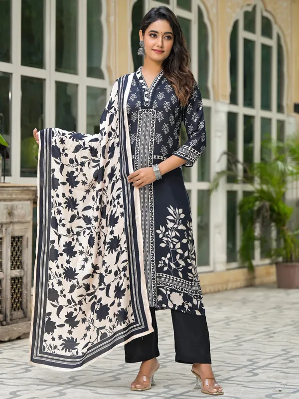 Black printed cotton silk salwar suit