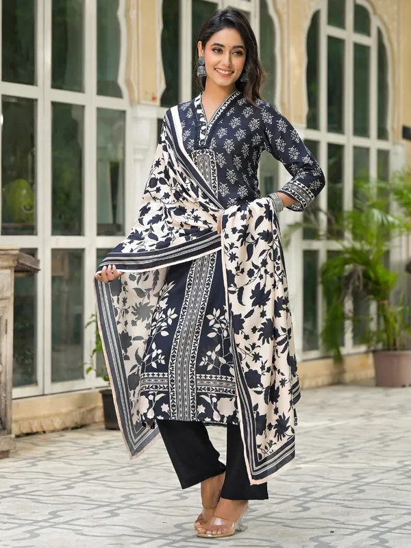 Black printed cotton silk salwar suit