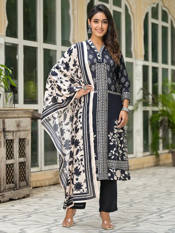 Black printed cotton silk salwar suit