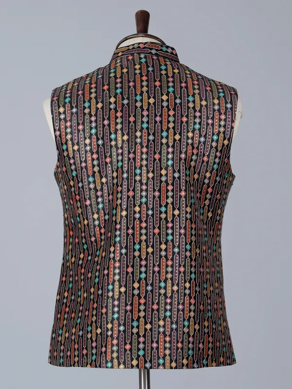 Black printed cotton silk waistcoat for festive