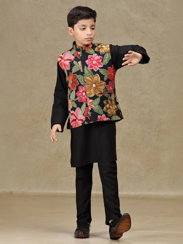 Black printed cotton silk waistcoat set