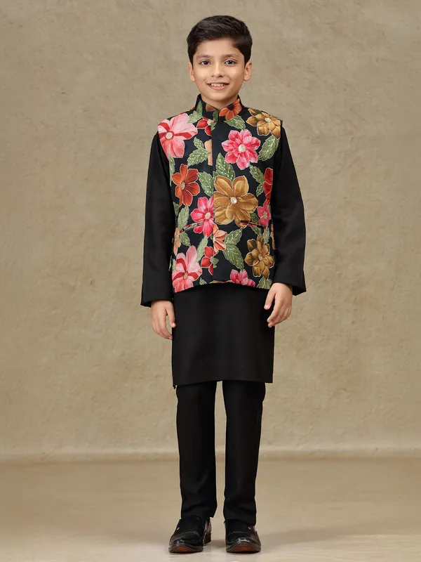 Black printed cotton silk waistcoat set