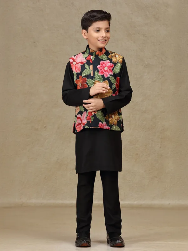 Black printed cotton silk waistcoat set