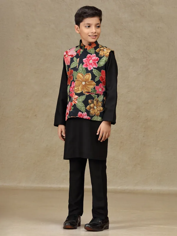 Black printed cotton silk waistcoat set