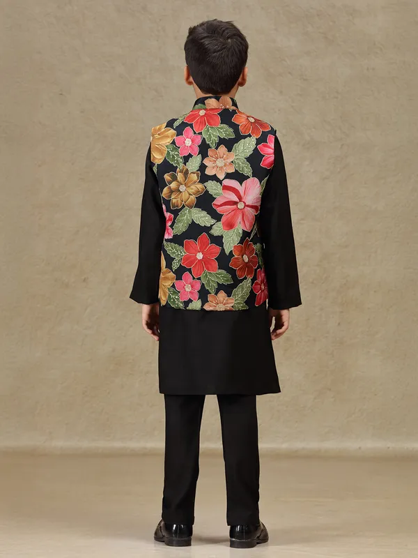 Black printed cotton silk waistcoat set