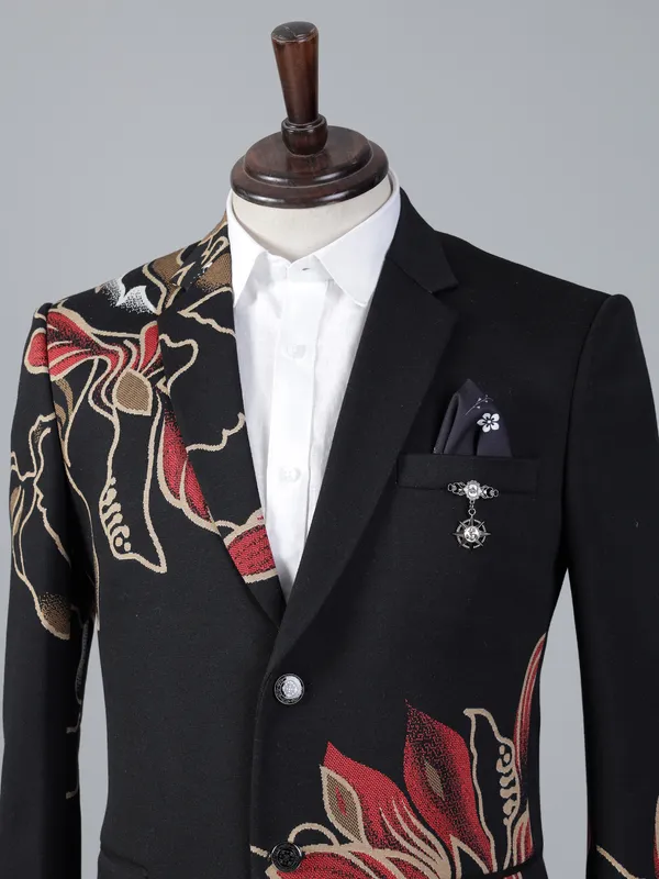 Black printed cotton two button blazer for party wear