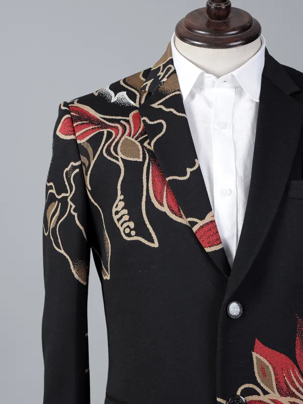 Black printed cotton two button blazer for party wear