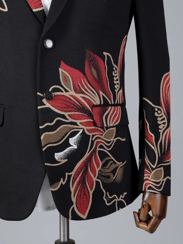 Black printed cotton two button blazer for party wear