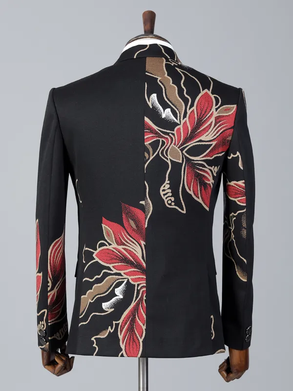Black printed cotton two button blazer for party wear