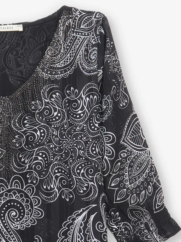 Black printed cotton V neck top
