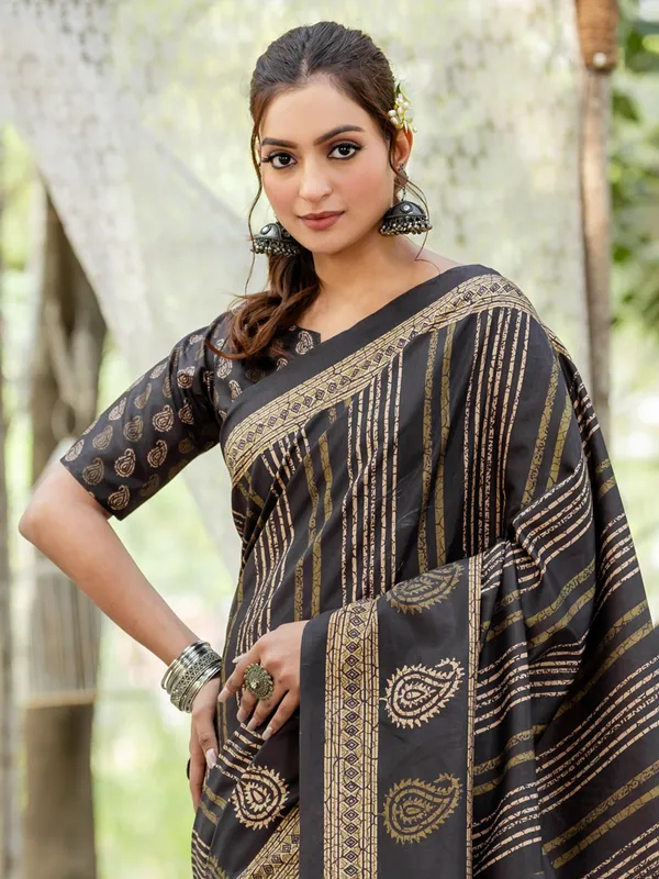 Black printed cozi silk saree