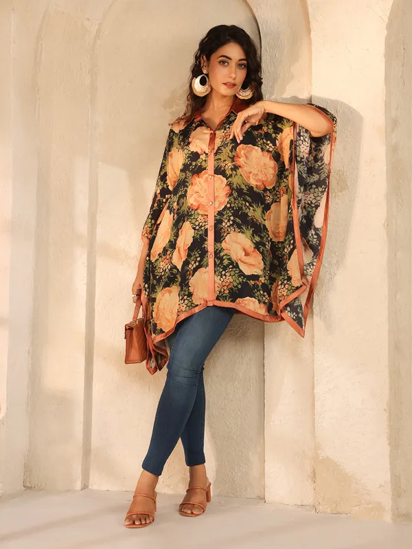 Black printed crepe silk ponchos top for casual