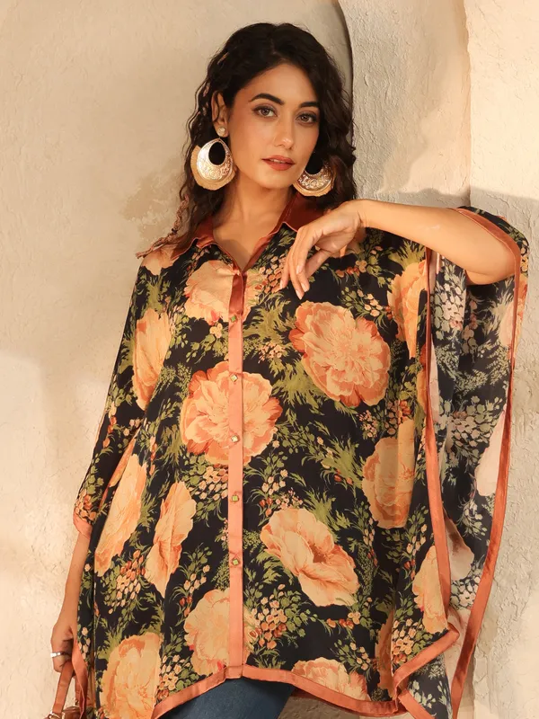 Black printed crepe silk ponchos top for casual