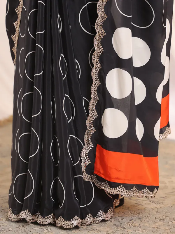 Black printed crepe silk saree with unstitched blouse