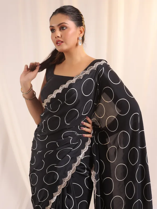 Black printed crepe silk saree with unstitched blouse