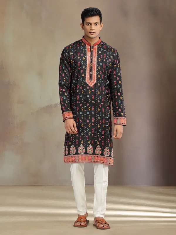 Black printed festive wear silk kurta suit