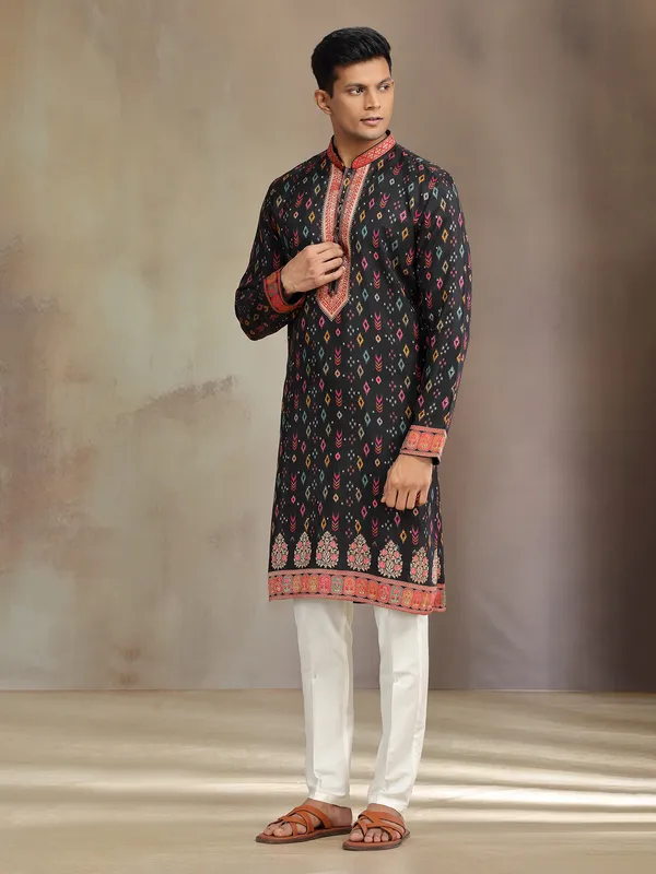 Black printed festive wear silk kurta suit