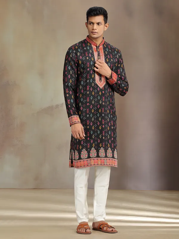 Black printed festive wear silk kurta suit