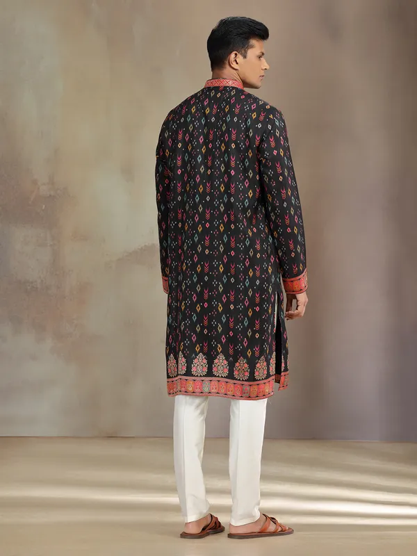 Black printed festive wear silk kurta suit