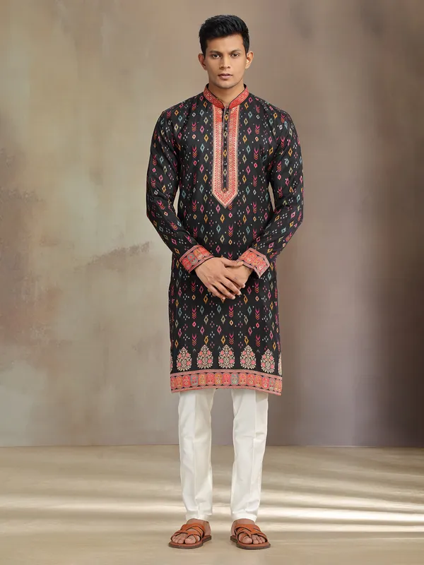 Black printed festive wear silk kurta suit