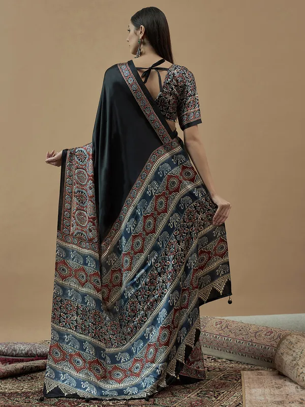 Black printed japan satin saree