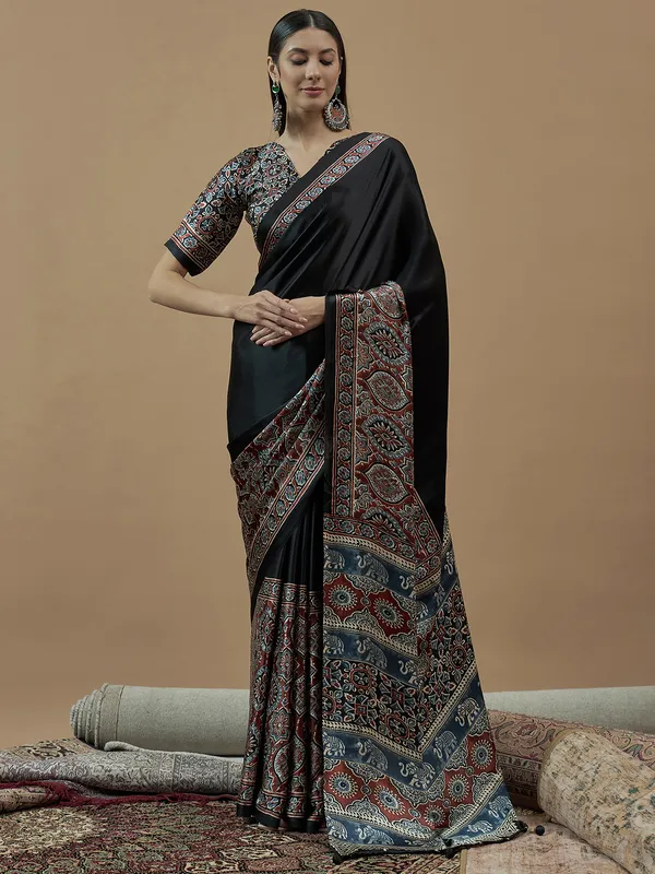 Black printed japan satin saree