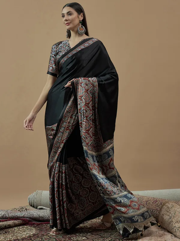 Black printed japan satin saree