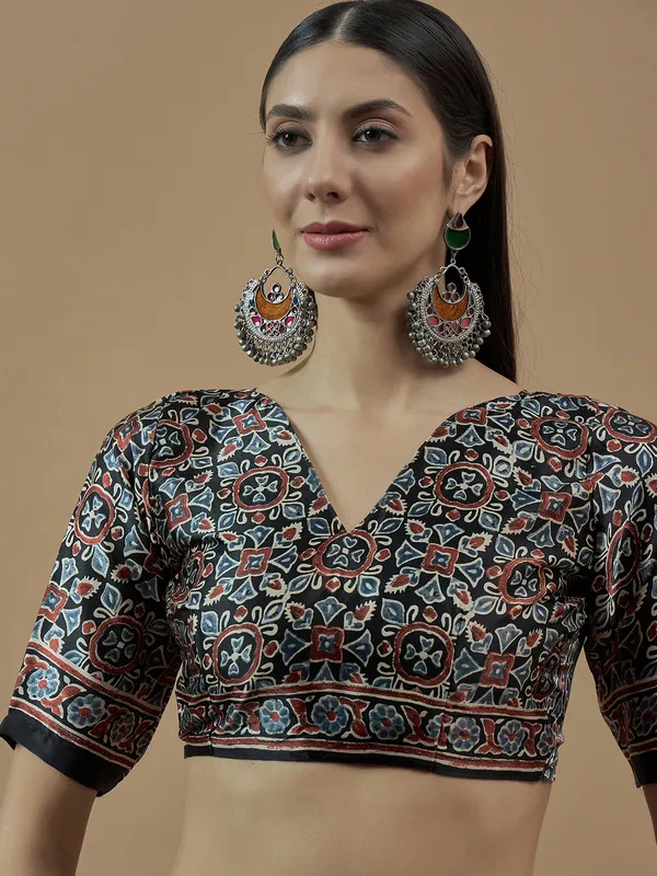 Black printed japan satin saree
