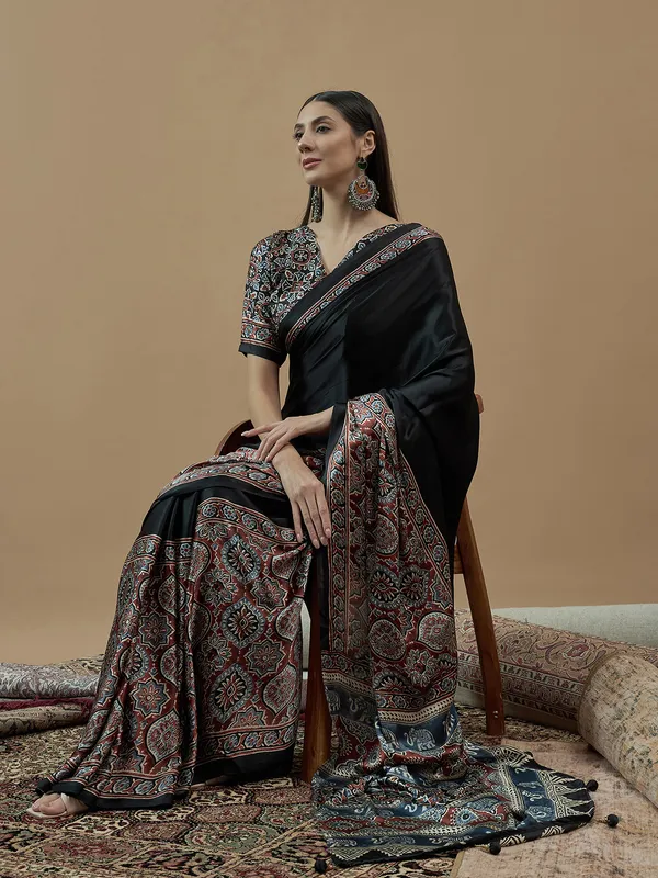 Black printed japan satin saree