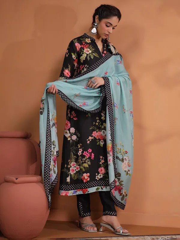 Black printed kurti set in cotton silk