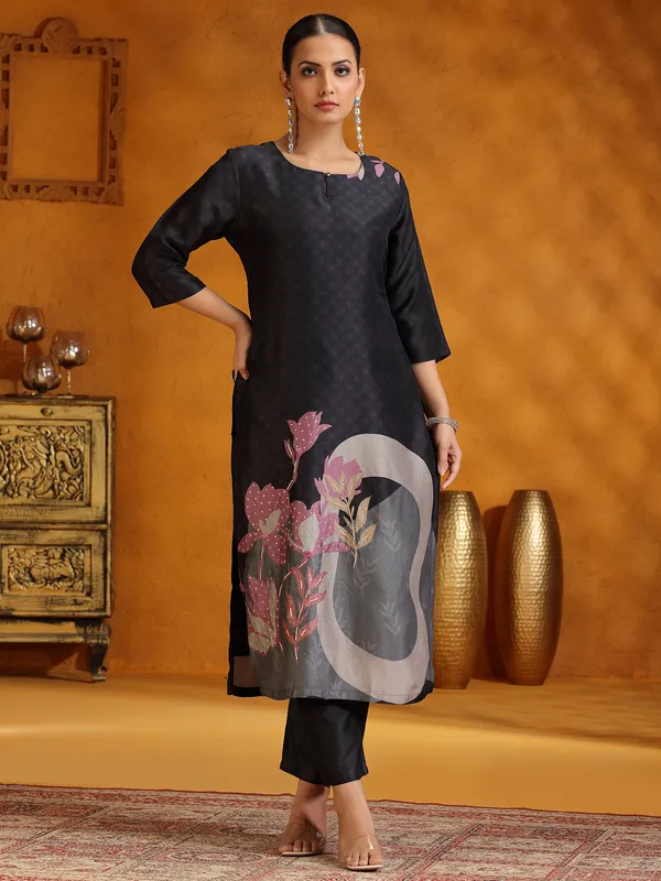 Black printed kurti set in silk for women