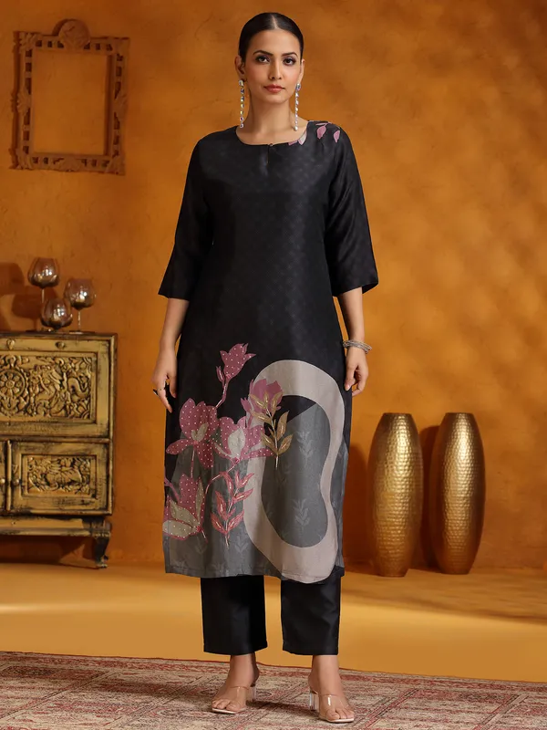 Black printed kurti set in silk for women