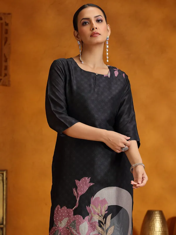 Black printed kurti set in silk for women