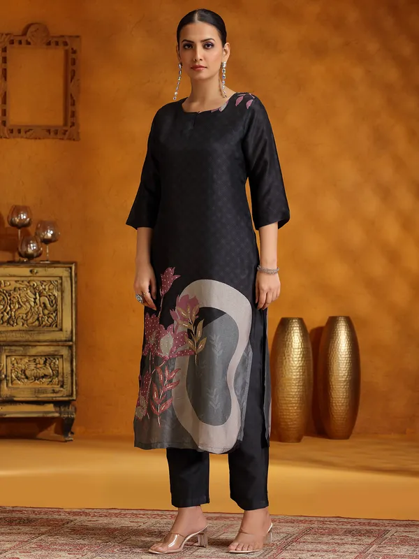 Black printed kurti set in silk for women