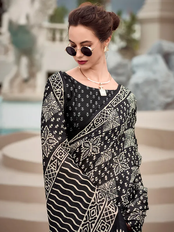 Black printed malmal silk saree