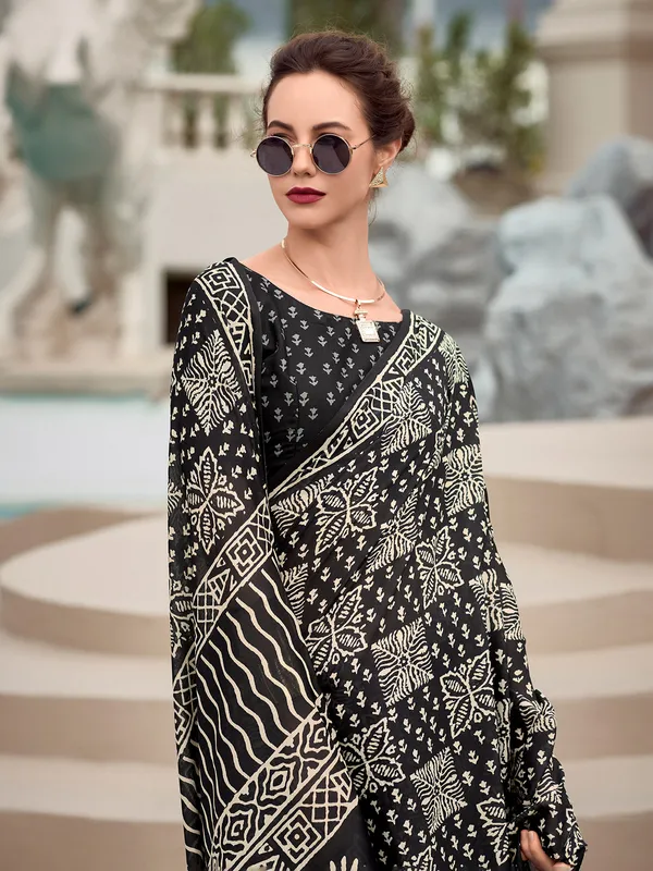 Black printed malmal silk saree