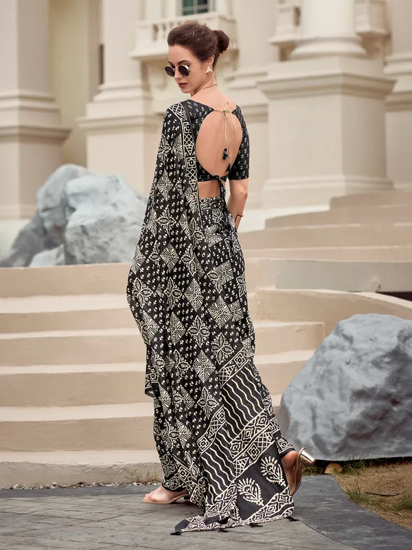 Black printed malmal silk saree