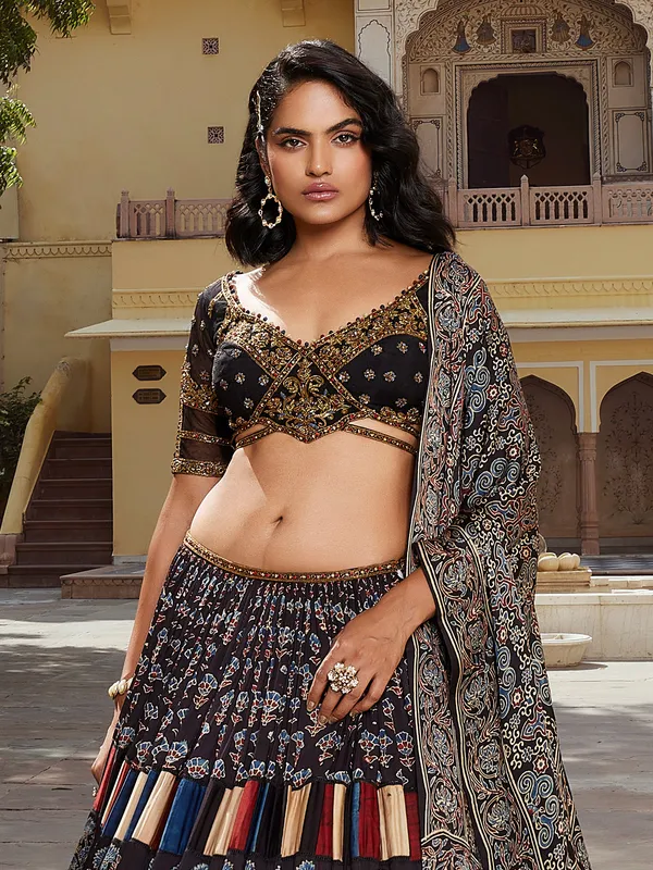 Black printed modal silk lehenga choli