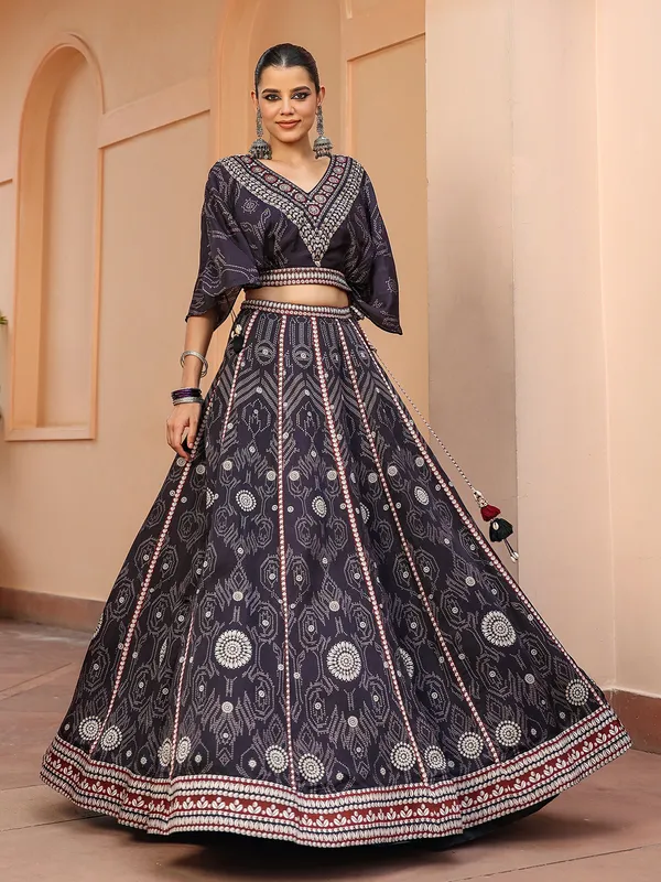 Black printed raw silk crop top with lehenga